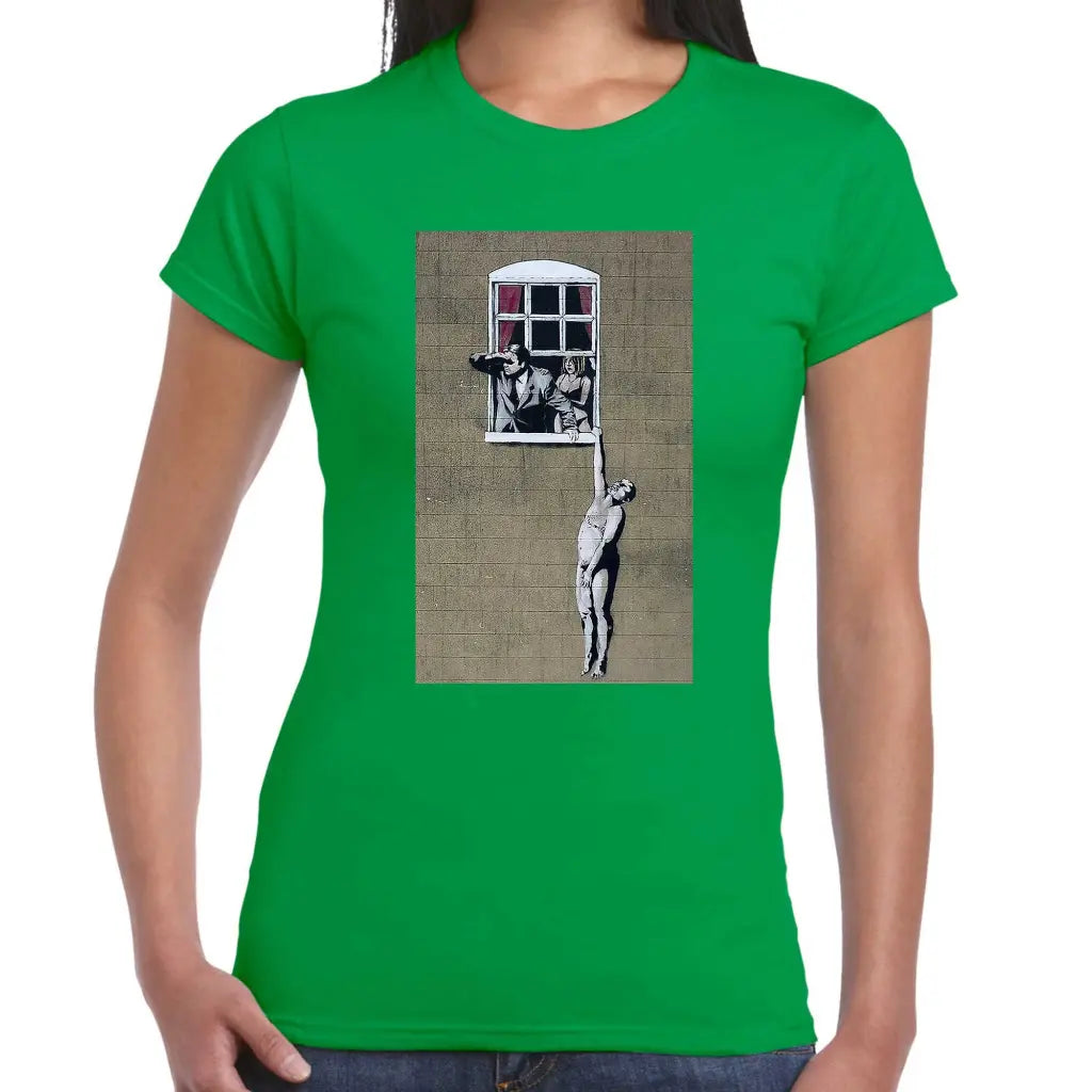 Hanging On The Window Ladies Banksy T-Shirt - Tshirtpark.com