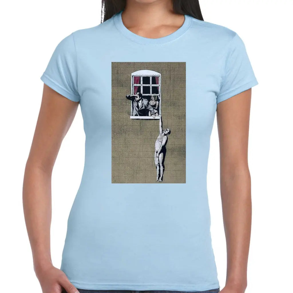 Hanging On The Window Ladies Banksy T-Shirt - Tshirtpark.com