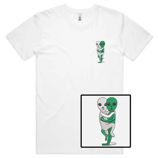 Hugging Aliens Embroidered T-Shirt - Tshirtpark.com