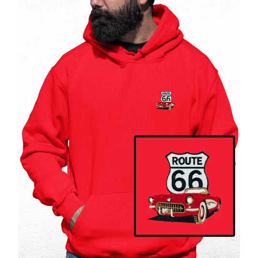 Route 66 Red Car Embroidered Colour Hoodie - Tshirtpark.com