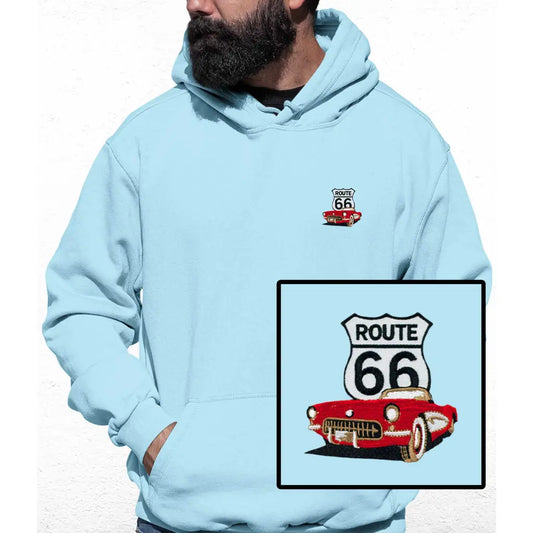 Route 66 Red Car Embroidered Colour Hoodie - Tshirtpark.com