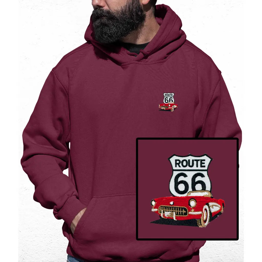 Route 66 Red Car Embroidered Colour Hoodie - Tshirtpark.com